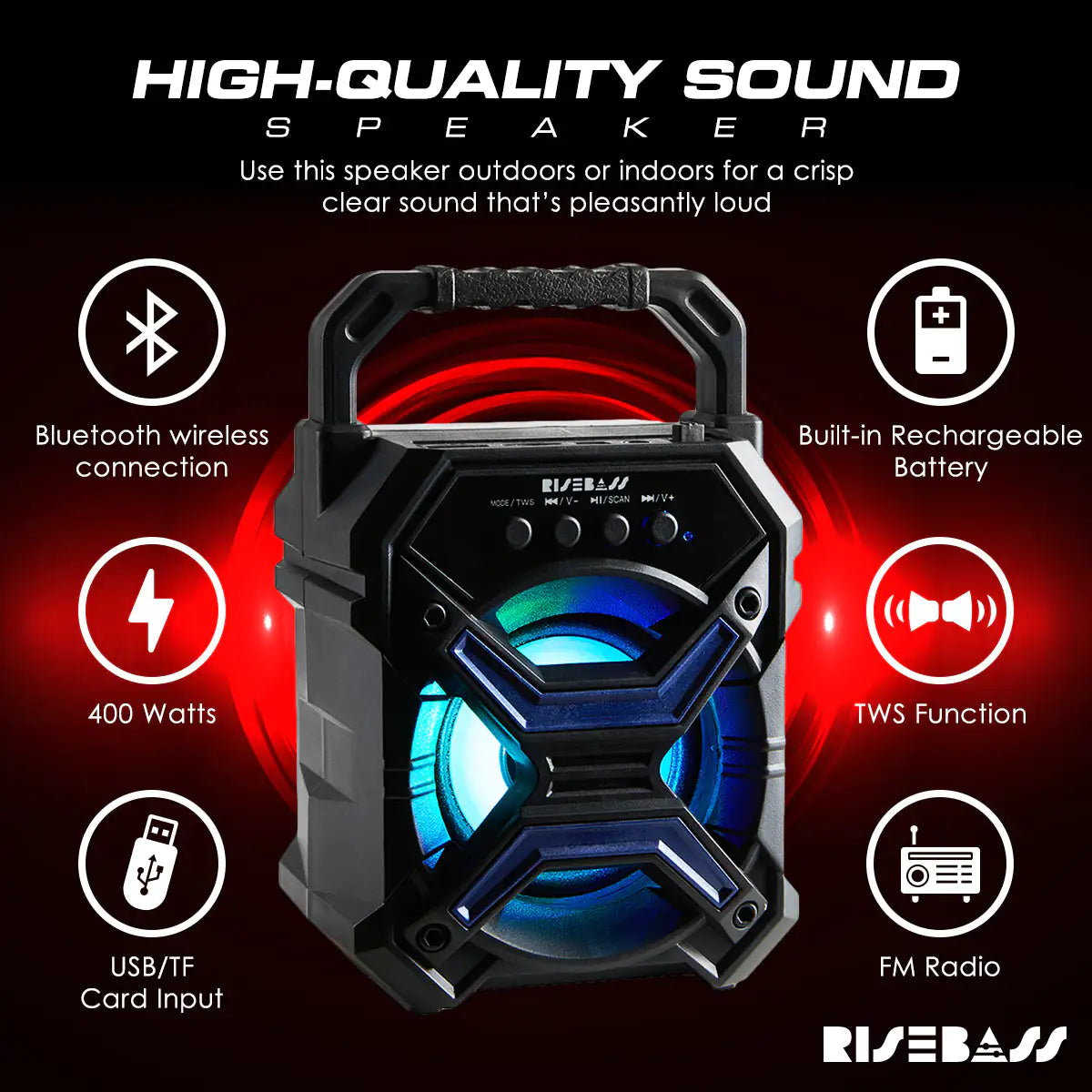 Portable Wireless Bluetooth Speaker – Rechargeable Speaker with TWS & LED Lights